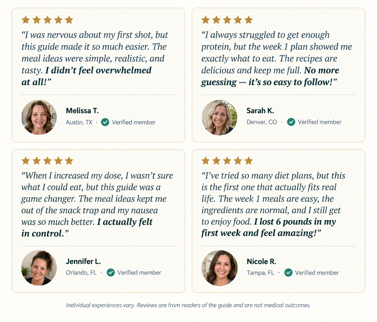 Reader feedback: five-star reviews from Melissa T., Sarah K., Jennifer L., and Nicole R. about their first week